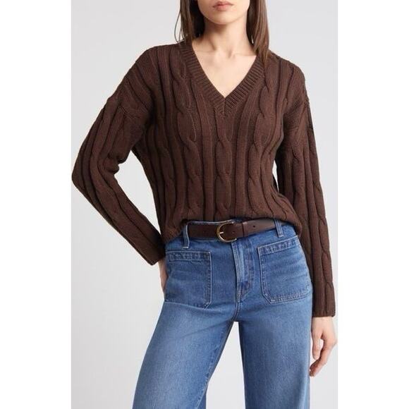Madewell Sweaters - Madewell Womens Cable Knit Cropped VNeck Sweater - Brown, Size M